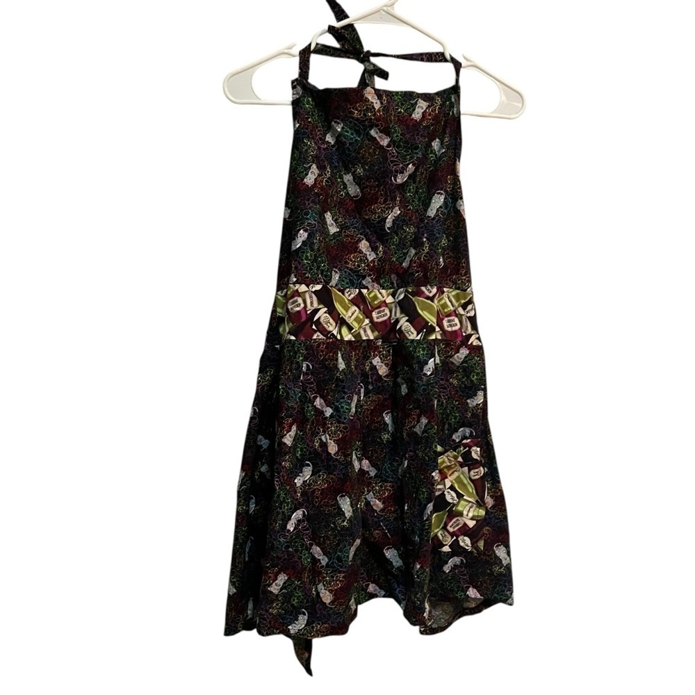 Handmade Apron Black Neon Cat Print Wine Bottle Details Pocket Tie Back